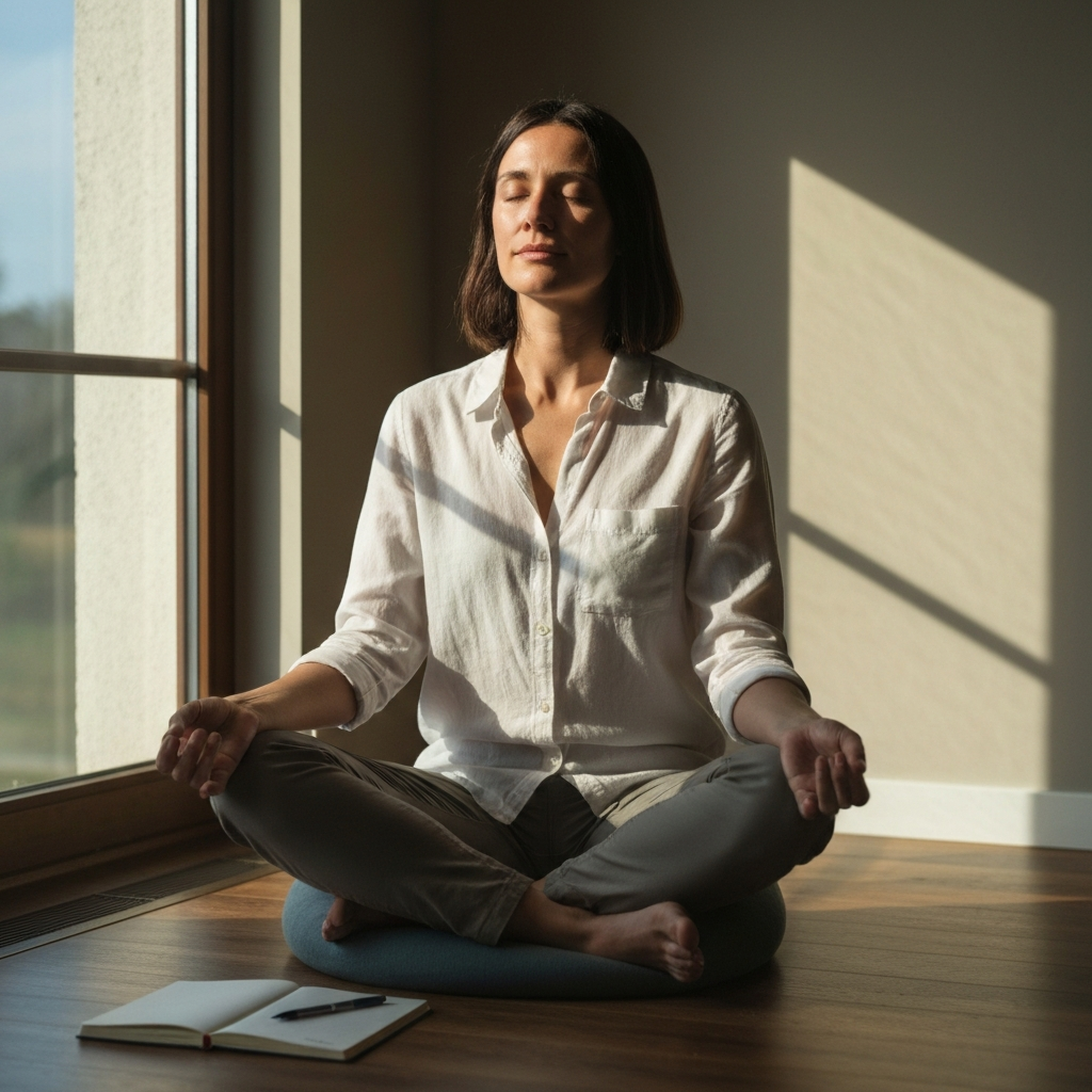 A person sitting cross-legged on a meditation cushion in a sun-drenched room, eyes closed, soft natural light coming through the window creating a gentle glow on their face. A journal and pen rest beside them on the floor.