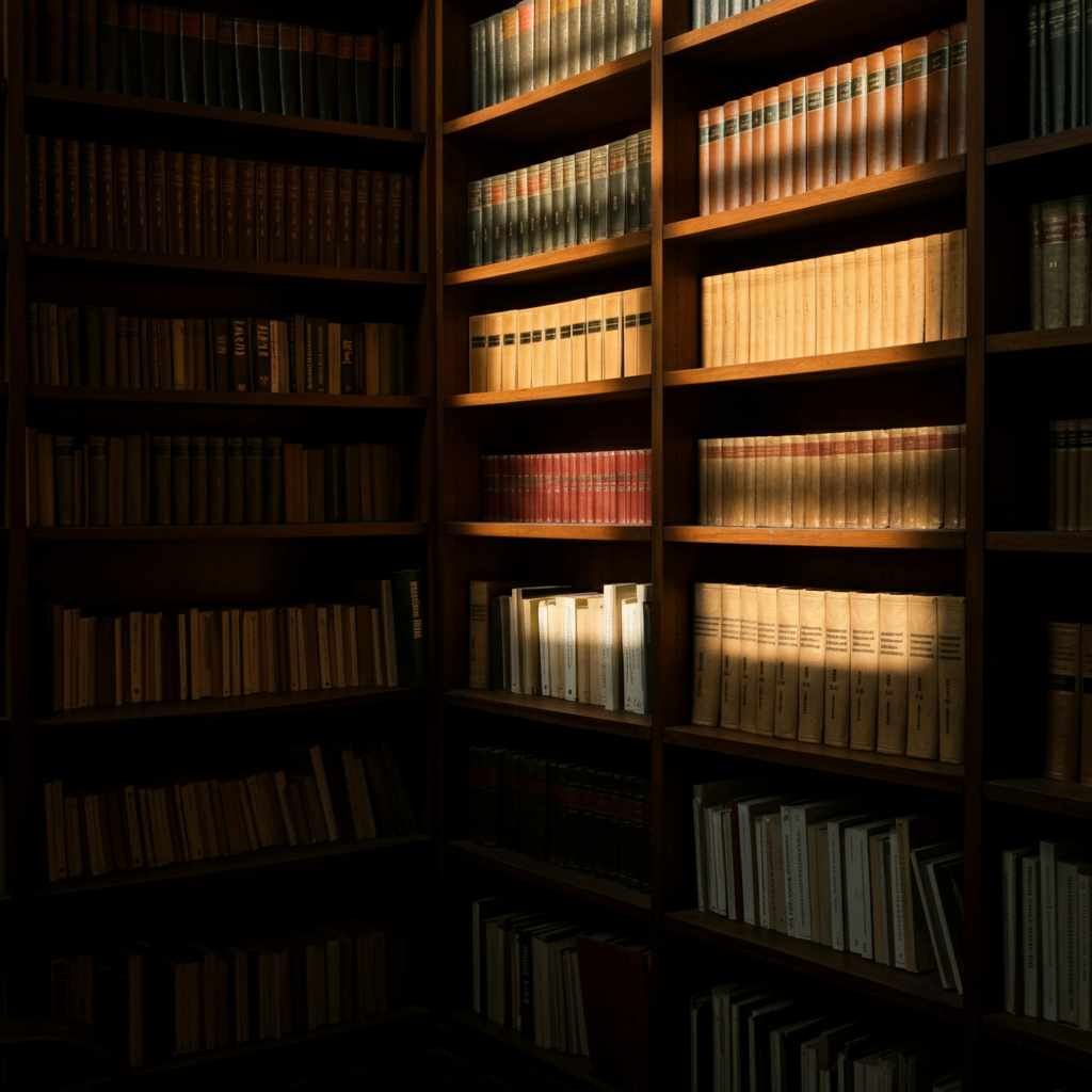 A bookshelf filled with diverse religious texts and philosophical treatises. The light is diffused and even, illuminating the spines and titles.