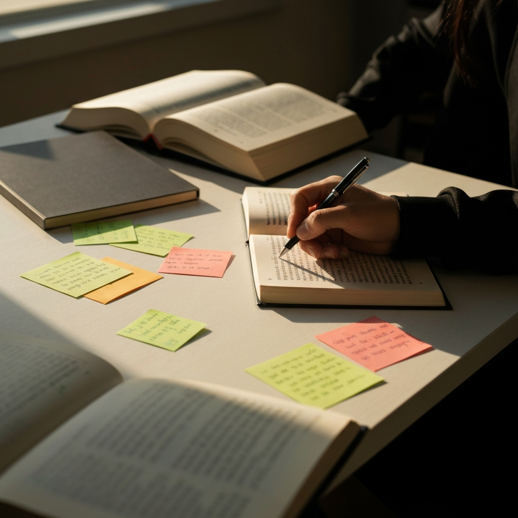 A desk with scattered notes and highlighted passages from different books. A person's hand is circling a particular phrase in one of the books with a pen, while a different book is pushed slightly to the side.