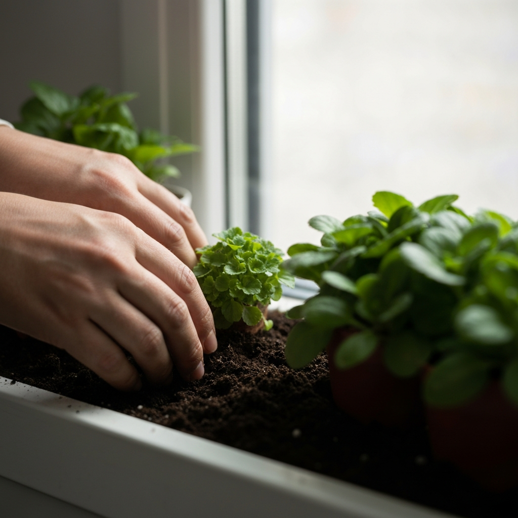 A close-up of hands tending to a small indoor garden. Soft focus on the plants and the texture of the soil, with gentle sunlight filtering through a nearby window.
