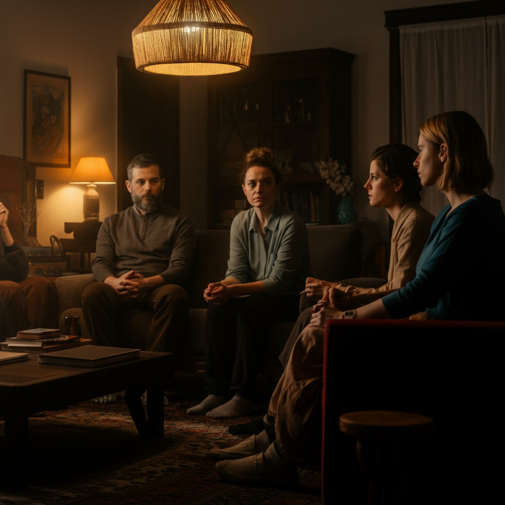 A group of people sitting in a circle in a cozy living room, engaged in a thoughtful discussion. Warm lighting, comfortable seating, and a relaxed atmosphere.
