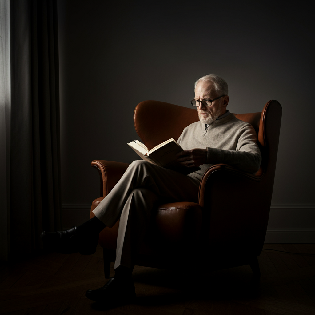 An older person sitting in a comfortable armchair, reading a book with a thoughtful expression. Soft bokeh in the background, indicating a peaceful and reflective moment.