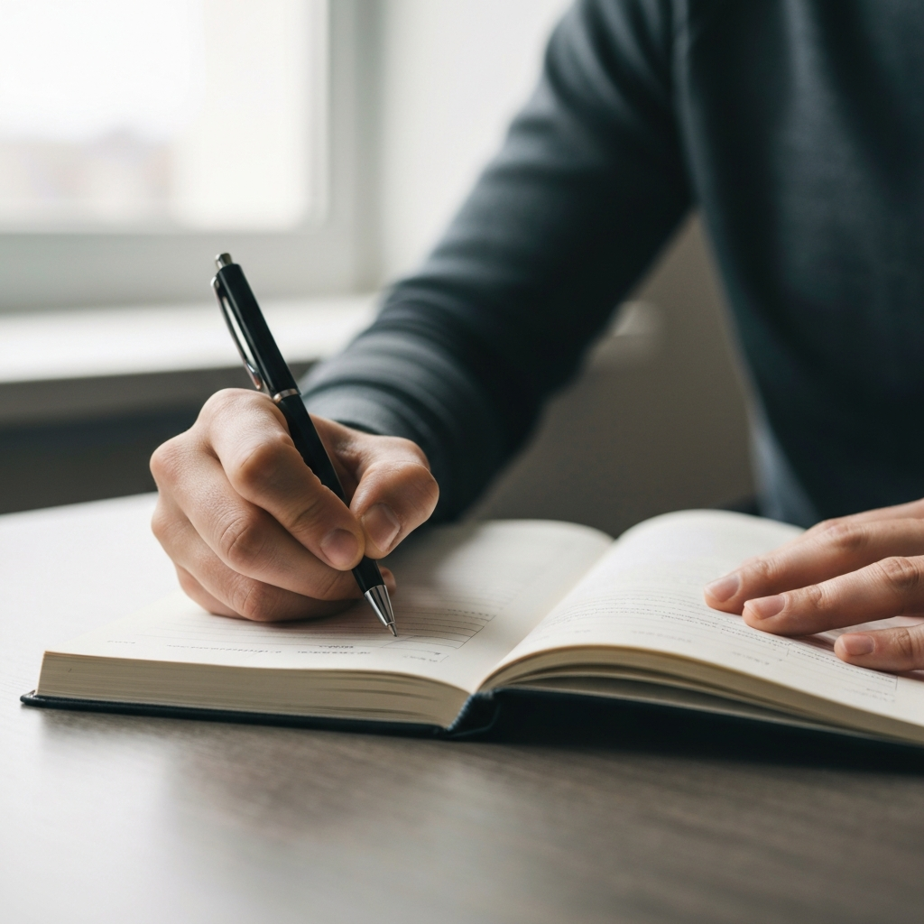 Close-up shot of a person's hand writing in a fitness journal with a pen. Soft natural light from a nearby window illuminates the page, highlighting the texture of the paper.