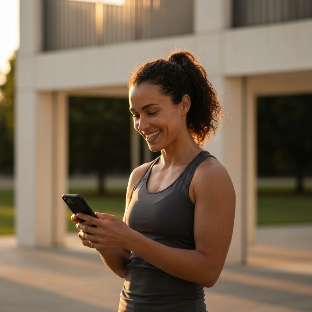 A person smiling and looking at a fitness app on their phone while standing in a park. Golden hour lighting bathes the scene in warm tones, creating a cheerful and motivational atmosphere.