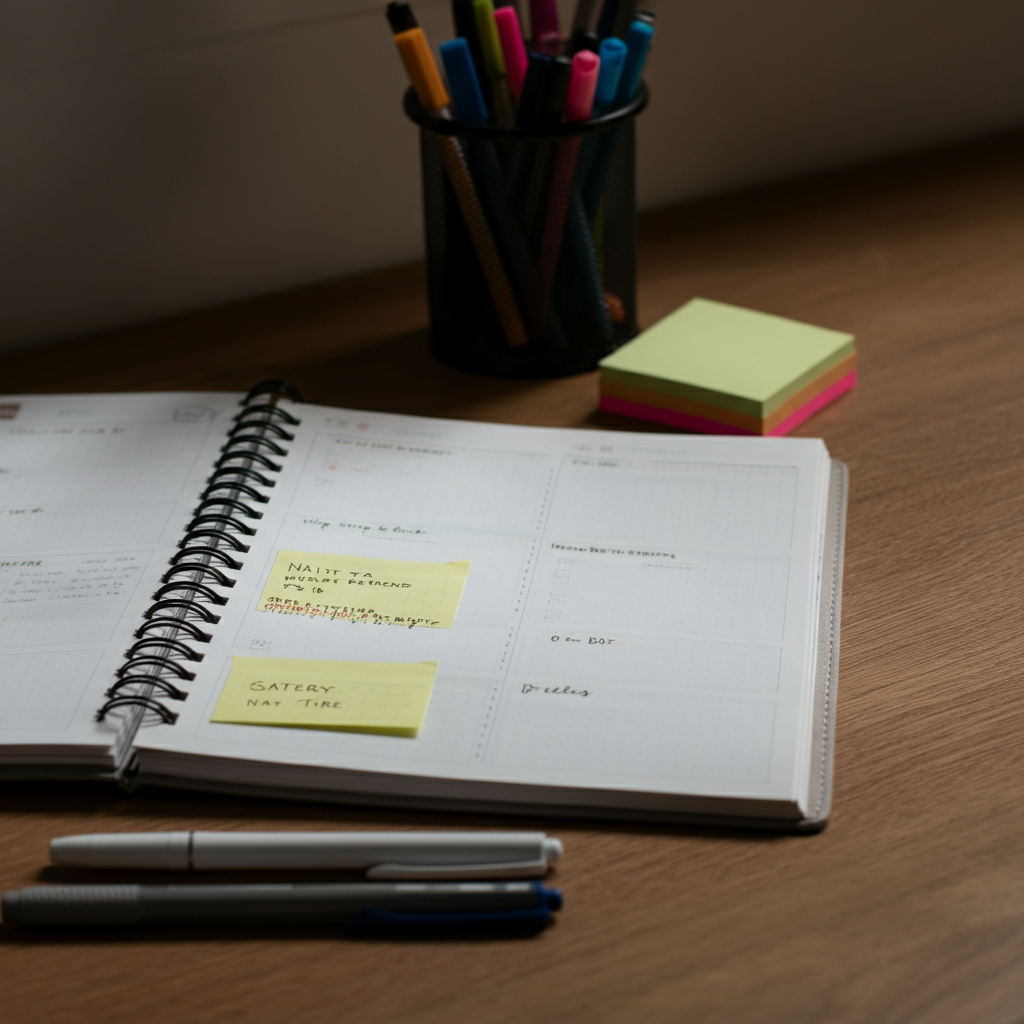 An open planner on a wooden desk with colorful pens and workout-related sticky notes. The desk is neatly organized, suggesting a structured and planned approach to fitness.
