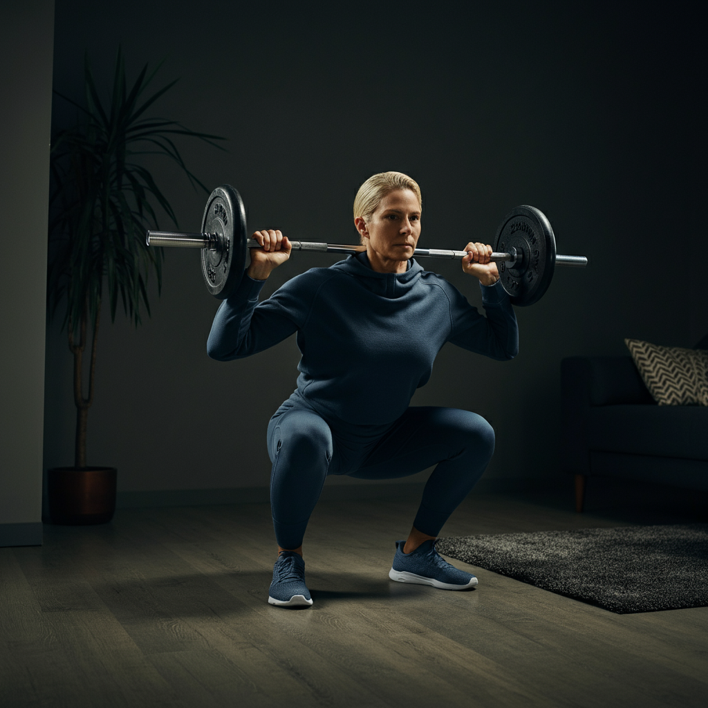A person in workout clothes performing a perfect squat in their living room. The lighting is soft and diffused, emphasizing the person's form and posture.