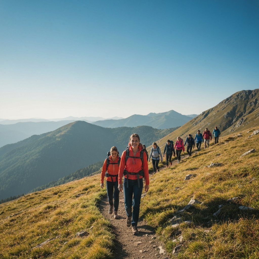 A group of people hiking up a mountain trail on a sunny day. The focus is on the natural beauty of the landscape and the camaraderie of the group.
