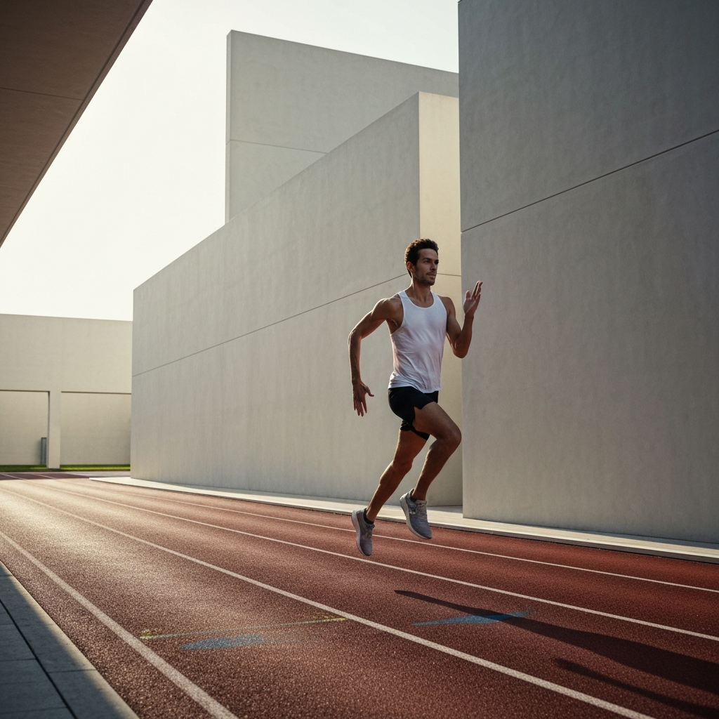 A runner sprinting on a track during a sunny morning. The image captures the runner's focused expression and the motion of their body.