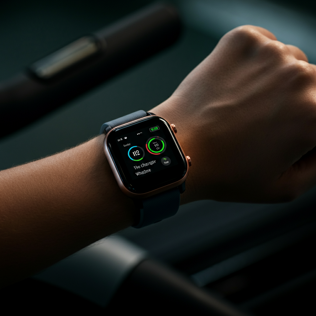 A person using a smartwatch to track their workout stats while running on a treadmill. The focus is on the technology and the data being displayed on the watch face.