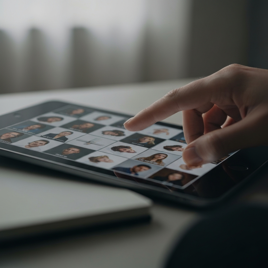 A close-up shot of a hand scrolling through a tablet displaying a grid of various meme templates. The lighting is soft and diffused, highlighting the texture of the tablet screen and the subtle movements of the finger.