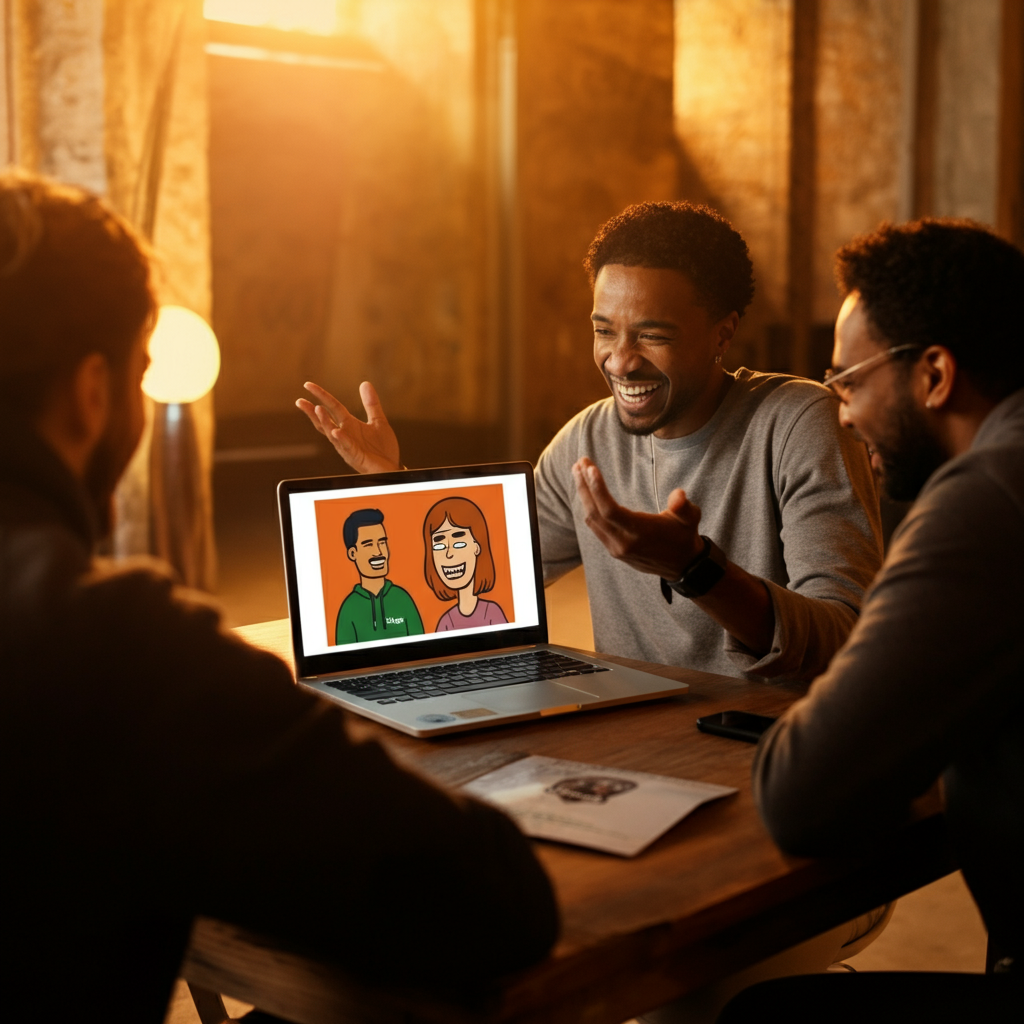 A small group of casually dressed professionals sitting around a table, laughing and gesturing animatedly while looking at a laptop screen displaying a meme. The lighting is warm and inviting, creating a sense of camaraderie and collaboration.