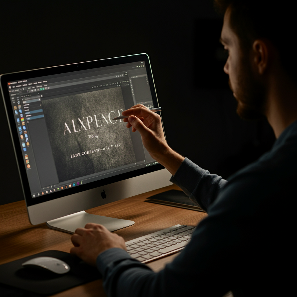 A person carefully adjusting the font size and placement of text on an image using a graphics editing software. The lighting is focused and precise, highlighting the details of the computer screen and the person's focused expression.