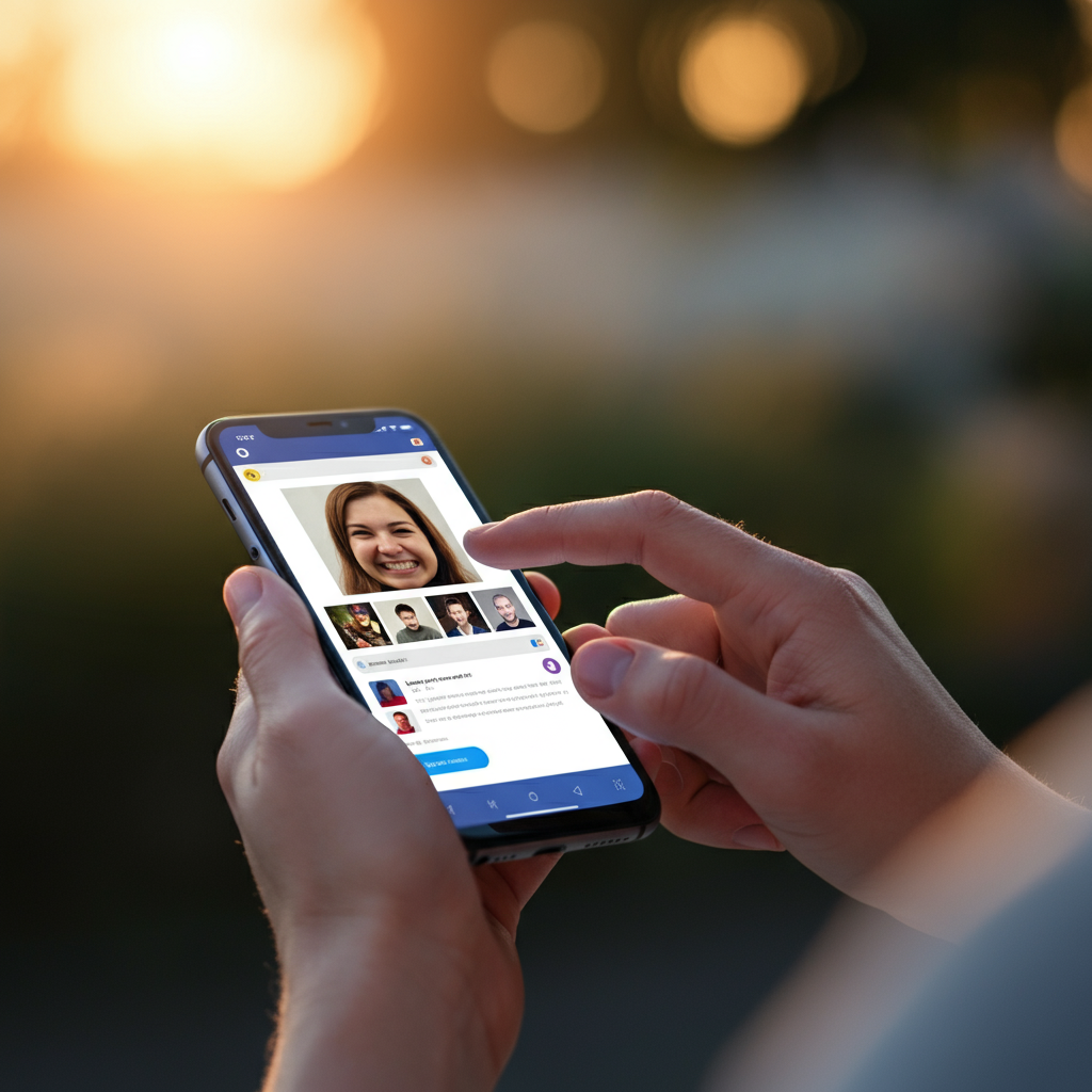 A hand tapping on a smartphone screen, sharing a meme to various social media platforms. The background is blurred, suggesting movement and activity. The lighting is natural and diffused, highlighting the details of the smartphone and the person's hand.