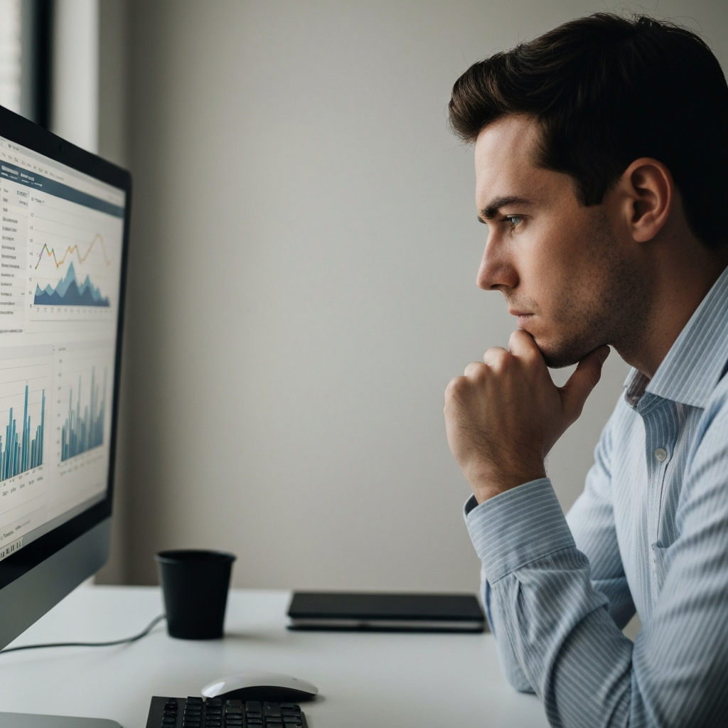 A person studying graphs and charts on a large monitor, their brow furrowed in concentration. The lighting is professional and focused, highlighting the details of the monitor screen and the person's thoughtful expression.