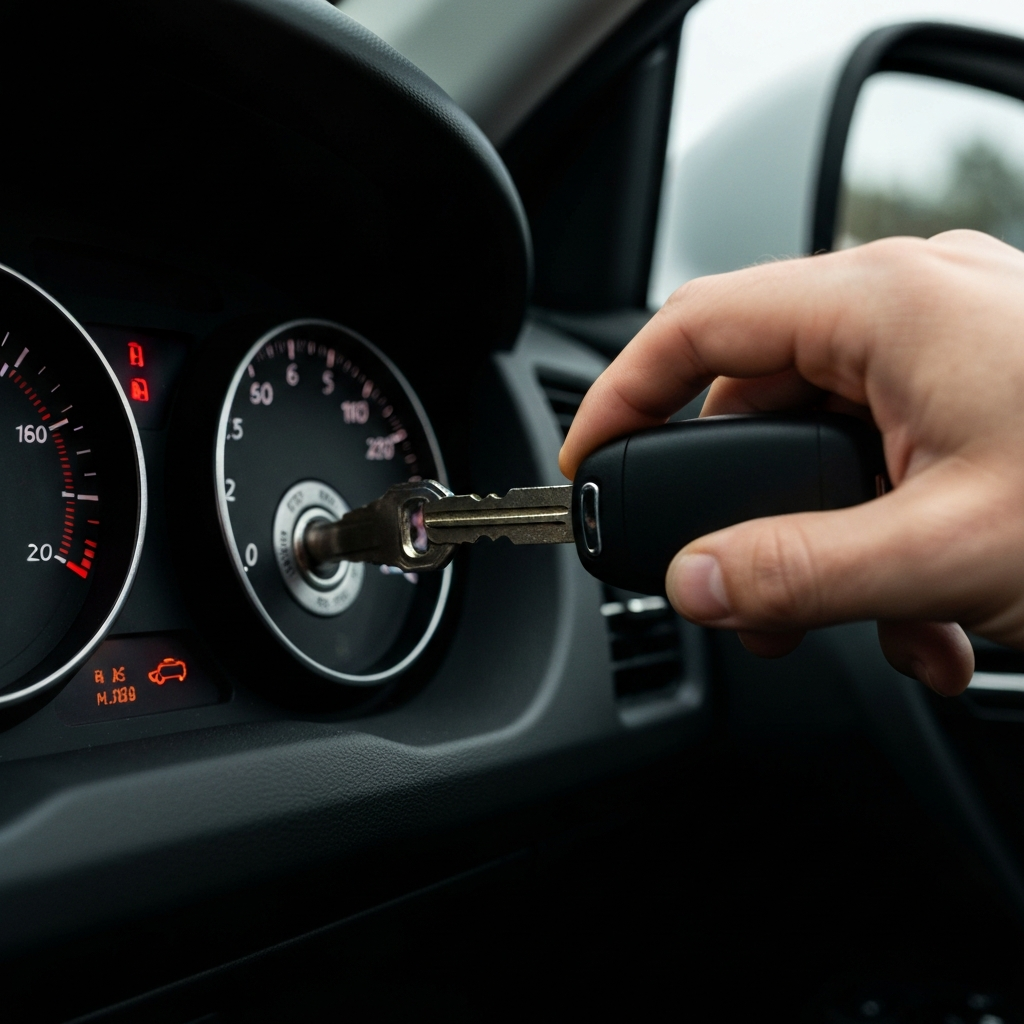 A close-up shot of a car's ignition switch as a key is inserted and turned, with soft focus on the dashboard gauges.