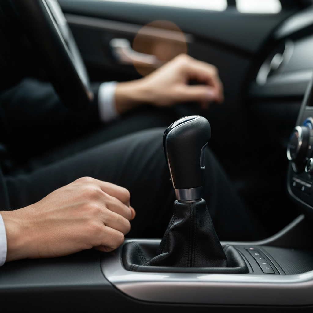A gear shift lever inside a car with a manual transmission, with a driver's hand resting on it. Soft bokeh in the background.