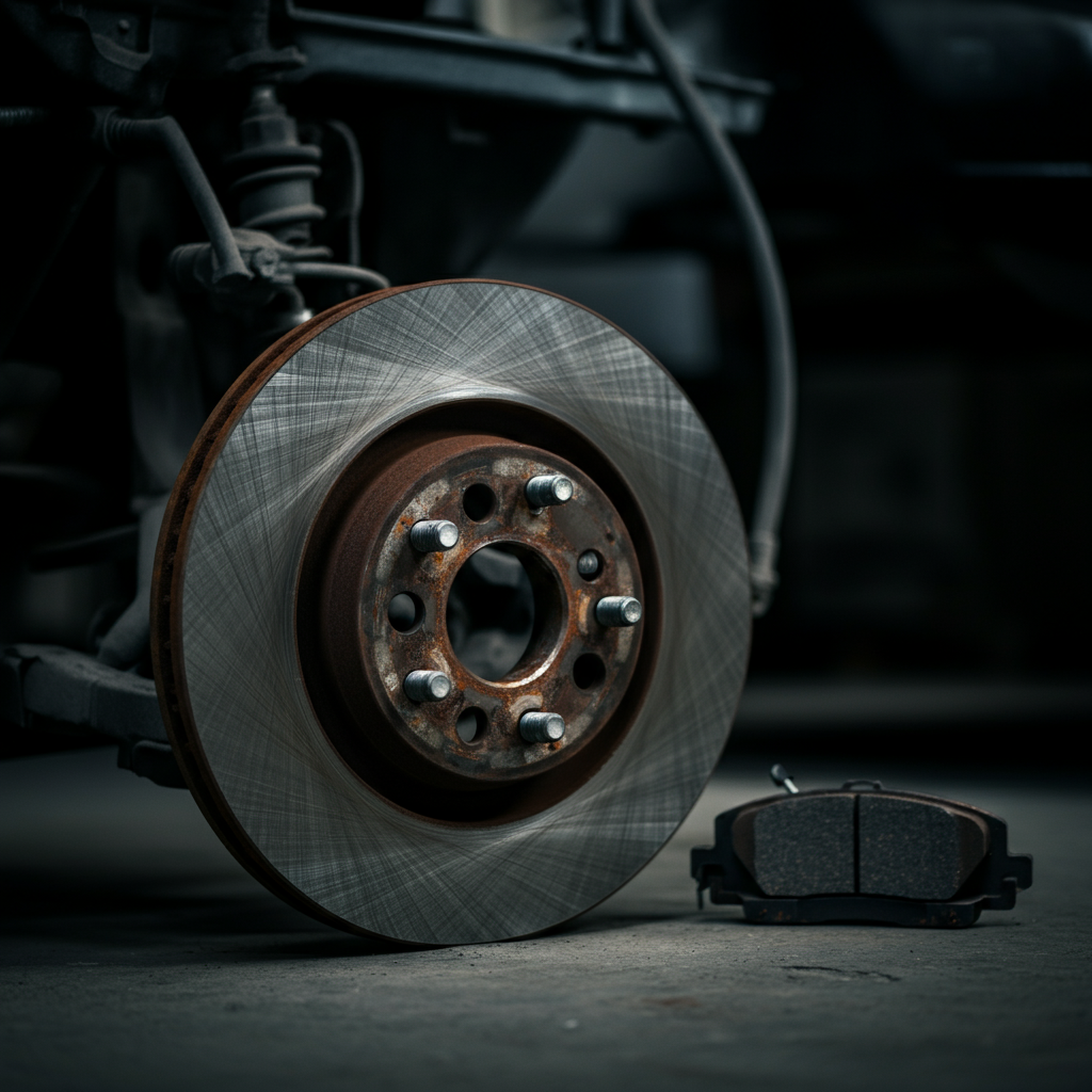 A brake rotor with visible scoring and rust, with a worn brake pad nearby. Shallow depth of field.