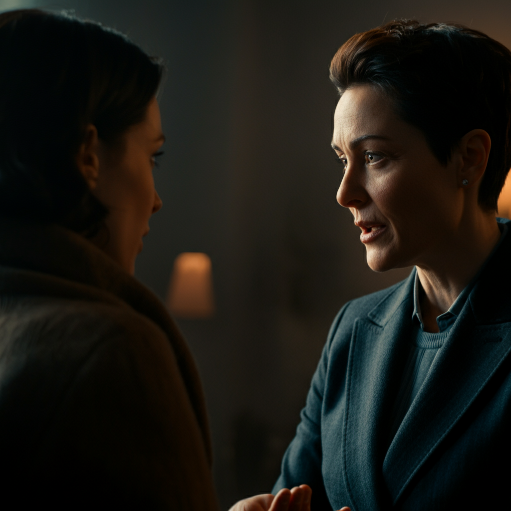 A close-up shot of two people engaged in conversation. One person is speaking, and the other is leaning forward slightly, maintaining eye contact, with a soft focus on the background.