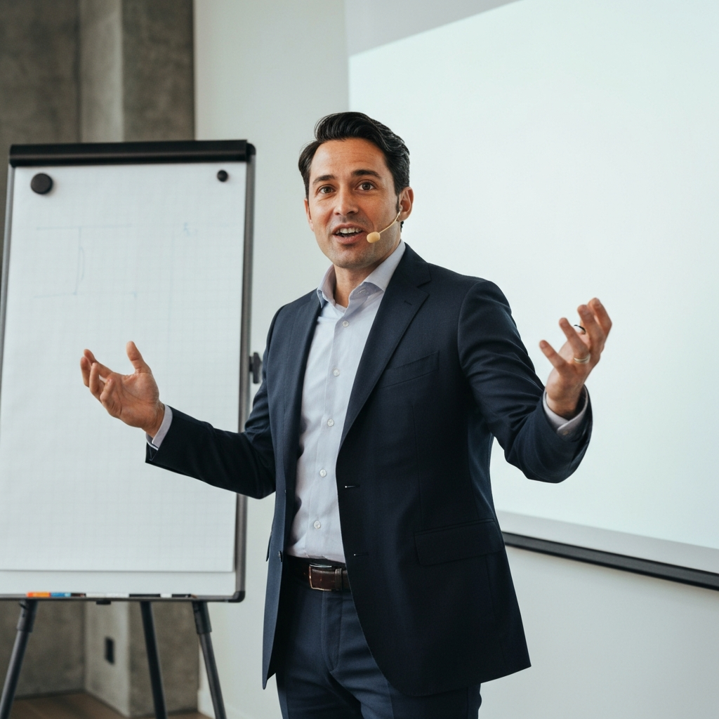 A medium shot of a person standing in front of a whiteboard, giving a presentation. They are gesturing with their hands, and their facial expression is engaged and enthusiastic. The lighting is bright and even.