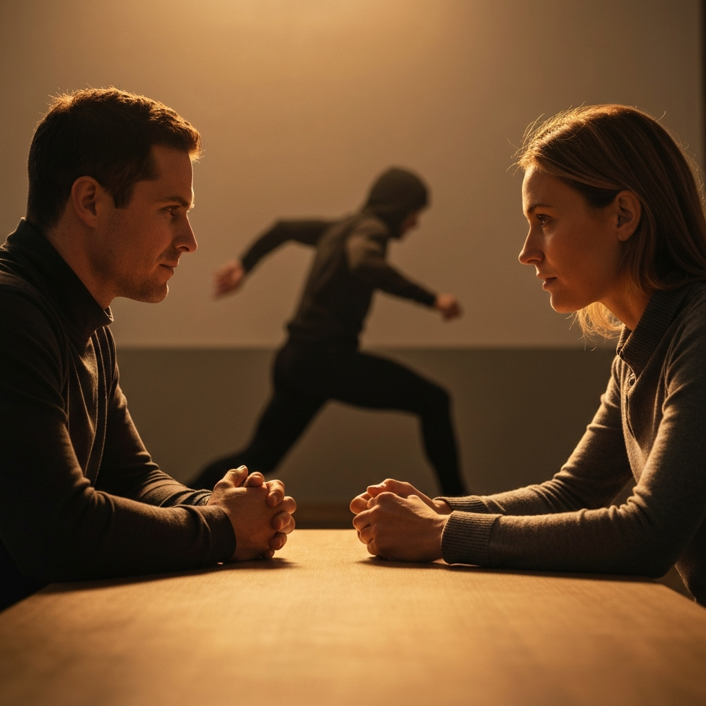 A side-lit shot of two people sitting across from each other at a table, looking at each other intently. The lighting is warm and inviting, and there is a sense of connection and understanding between them.