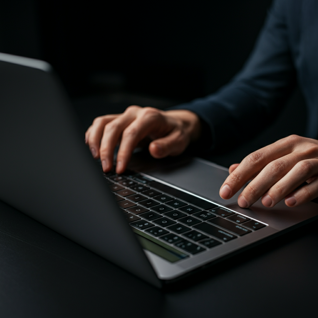 A close-up shot of a person typing on a laptop in a well-lit office. The focus is on the keyboard and the person's hands, with a shallow depth of field.