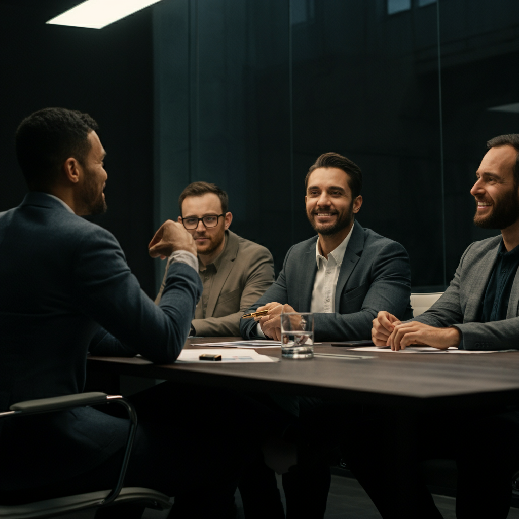 A group of people sitting around a conference table, engaged in a lively discussion. The lighting is natural and diffused, and the atmosphere is collaborative and productive.