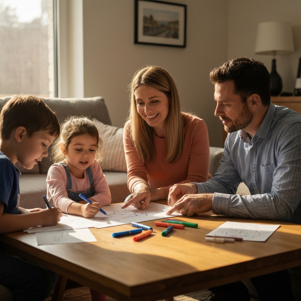 A softly lit living room. A family of four sits around a coffee table covered in colorful markers, paper, and a whiteboard. The mother smiles warmly, pointing at a drawing on the whiteboard, while the father listens intently to their daughter's enthusiastic explanation. The son is engrossed in sketching on a piece of paper. Golden hour light streams in through a nearby window, highlighting the textures of the wooden table.