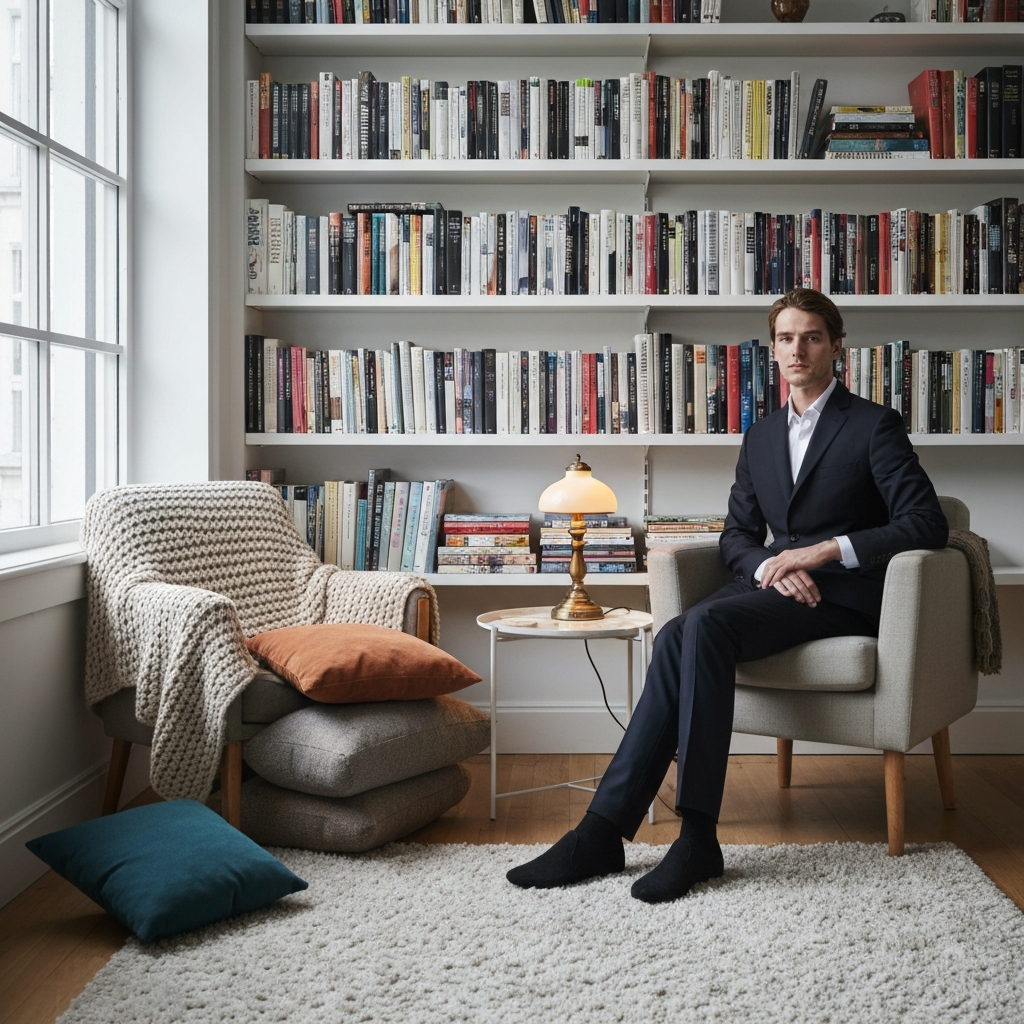 A bright, airy corner of a living room. Soft textures abound: a plush rug, knitted blankets draped over an armchair, and a pile of colorful cushions. Bookshelves line the wall, filled with an eclectic mix of hardcovers and paperbacks. A small, round table holds a vintage lamp with a warm glow.