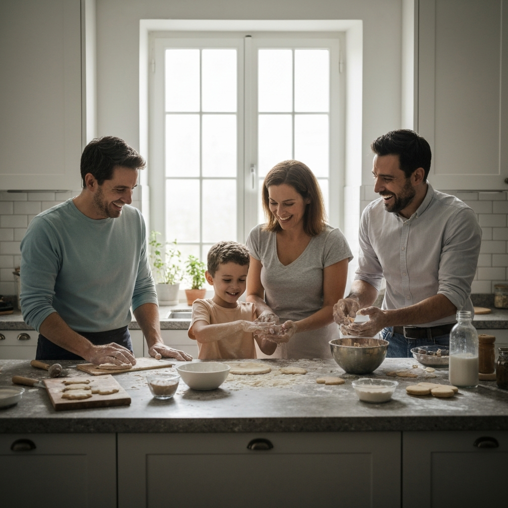 A sun-drenched kitchen. A family of four stands around a kitchen island, covered in flour and various baking ingredients. The mother guides her son's hand as they knead dough, while the father and daughter laugh as they attempt to decorate cookies. Soft, diffused light illuminates the scene.