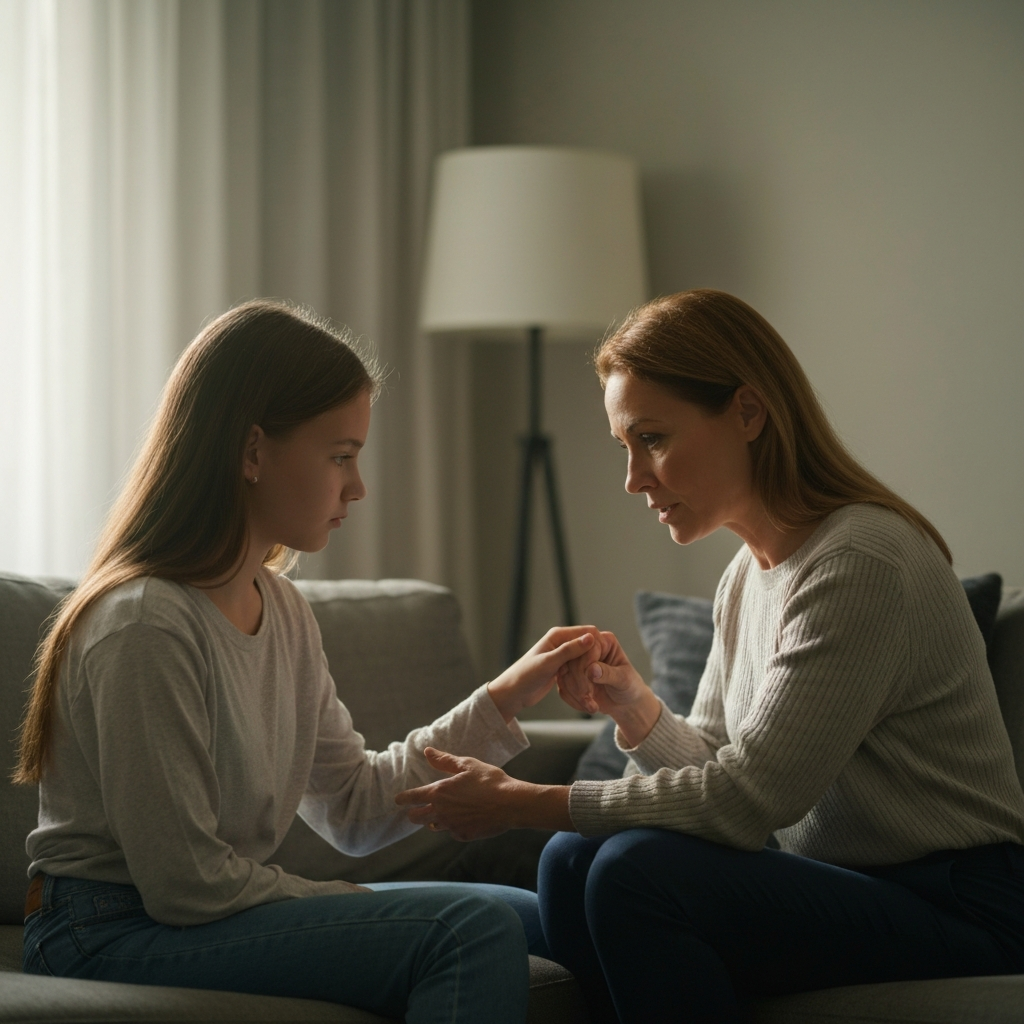 A cozy living room. A mother sits on a sofa, facing her teenage daughter. She listens intently, her hand gently resting on her daughter's arm. The daughter looks downwards, her expression thoughtful. Soft, natural light fills the room, creating a feeling of intimacy.