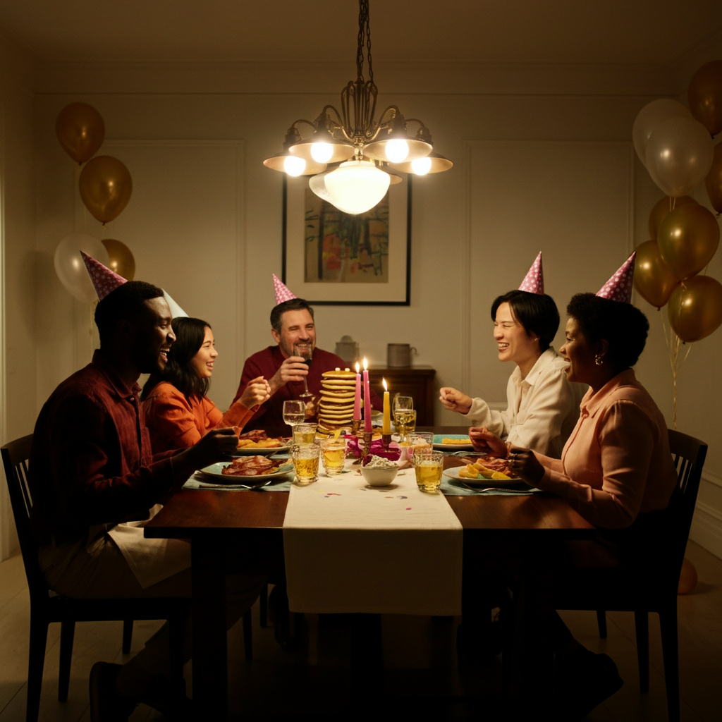 A brightly decorated dining room. A family of four gathers around a table piled high with pancakes, bacon, and fruit. Balloons and streamers adorn the walls. Everyone is laughing and smiling, celebrating a birthday. The scene is full of warmth and joy.
