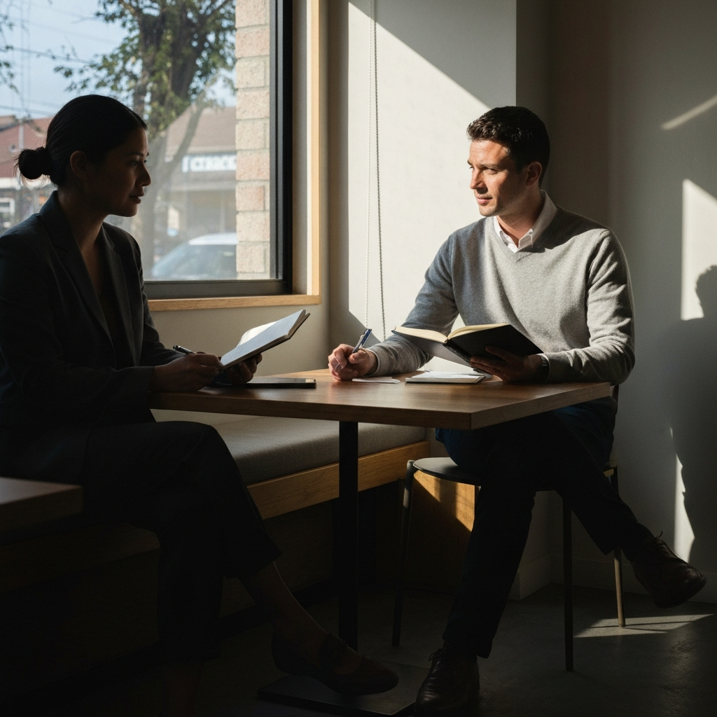A cozy cafe. A person is conducting a casual interview with a potential customer, notebook in hand. Natural light streams through the window, creating long shadows. The focus is on active listening and engaged conversation.