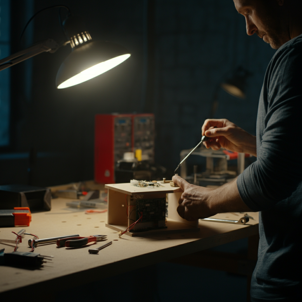 A well-organized workshop. A person is working on a prototype product, using hand tools and electronic components. The workbench is clean and organized. The lighting is diffused and even, showcasing the attention to detail.
