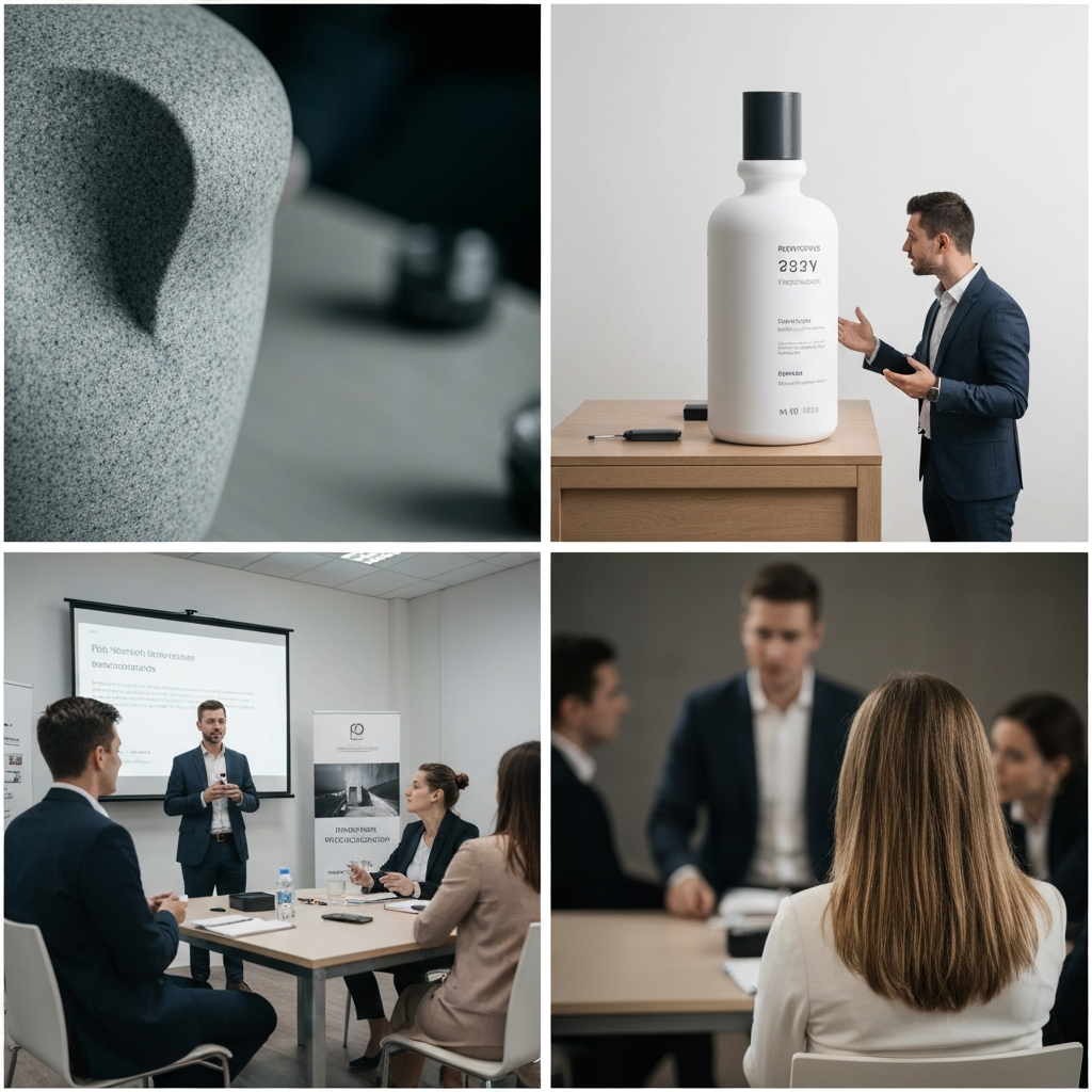 A person is presenting their product at a small conference. They are engaging with attendees and answering questions. The room is well-lit, and the atmosphere is energetic.