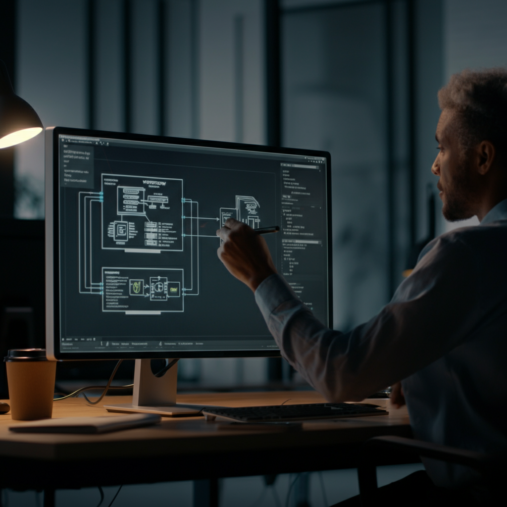 A modern office space. A person is reviewing workflow diagrams on a large monitor, discussing automation strategies with a colleague. The lighting is professional and conducive to focused work.