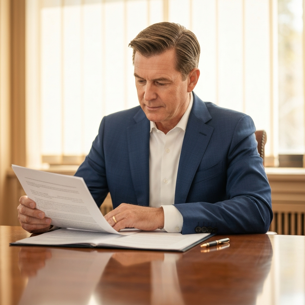A person is sitting at a desk, reviewing legal documents. The lighting is warm and inviting, creating a sense of trust and professionalism. A pen rests beside the documents, signifying careful consideration.