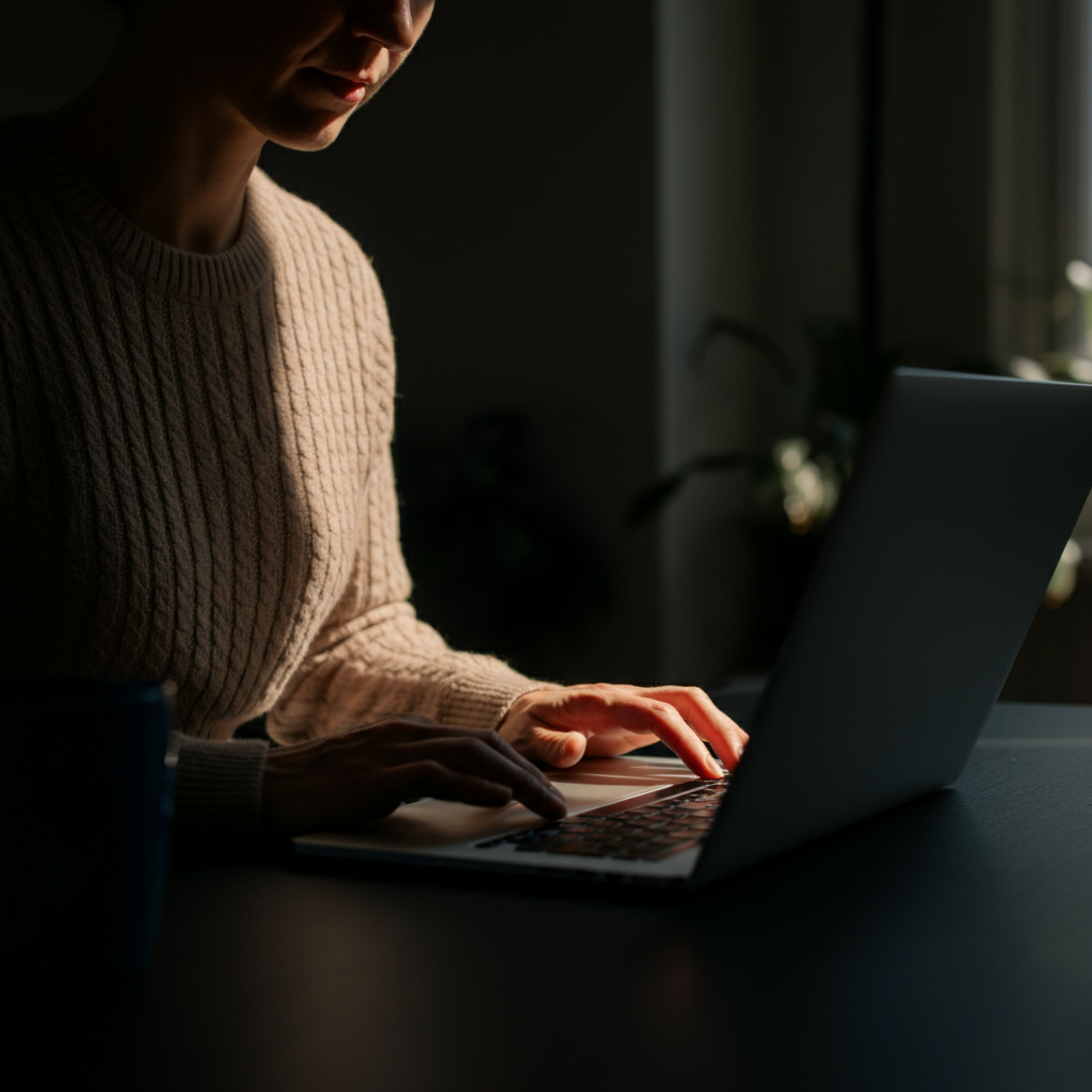 A person is working on their laptop in their home office, looking determined and focused. Sunlight streams through the window, symbolizing a new beginning and the dawn of their entrepreneurial journey.