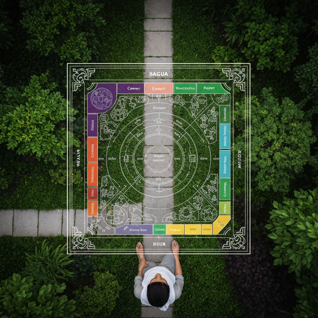 Overhead shot of a garden with a transparent Bagua map overlayed. The Bagua map is color-coded with labels for each section (Wealth, Career, etc.). Soft, diffused sunlight bathes the scene, highlighting the textures of the plants and pathways.
