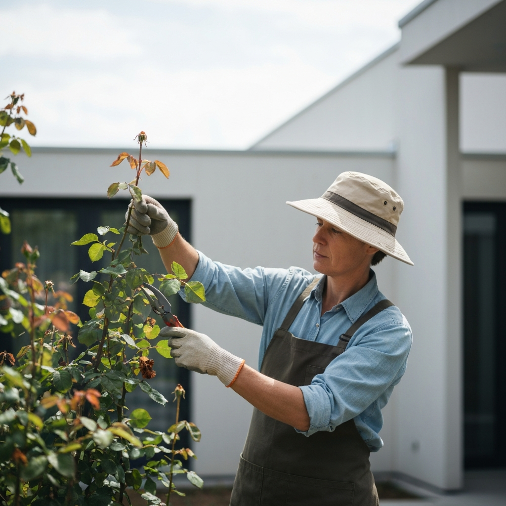 A gardener, wearing gloves and a sun hat, is carefully pruning dead leaves from a rose bush. The background is blurred with a soft bokeh effect, emphasizing the act of tending to the garden.