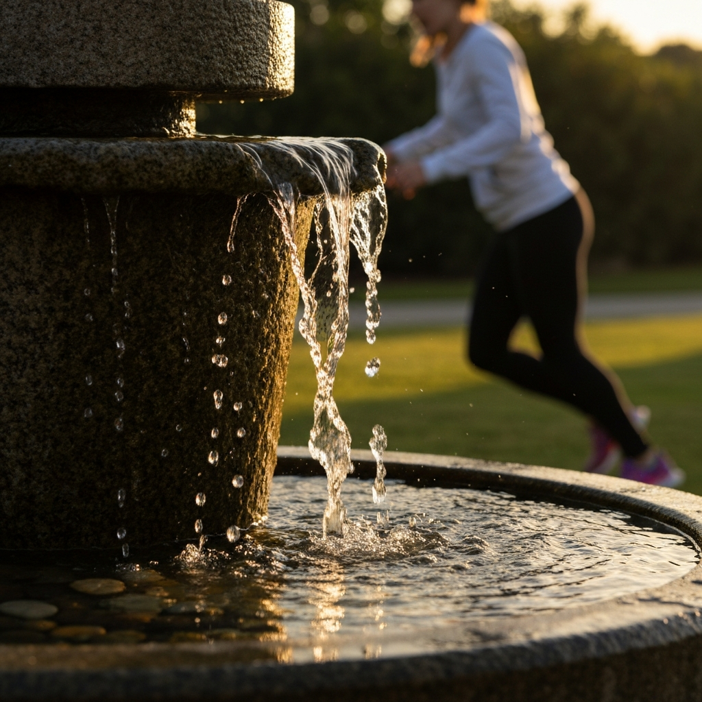 Close-up shot of a small stone fountain with water gently cascading over smooth pebbles. The light is side-lit, highlighting the texture of the stone and the movement of the water.
