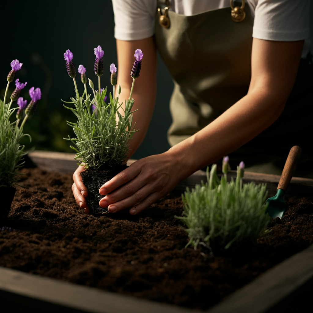 A woman is planting lavender seedlings in a garden bed. Golden hour lighting creates a warm and inviting atmosphere. The focus is on her hands gently placing the plants into the soil.