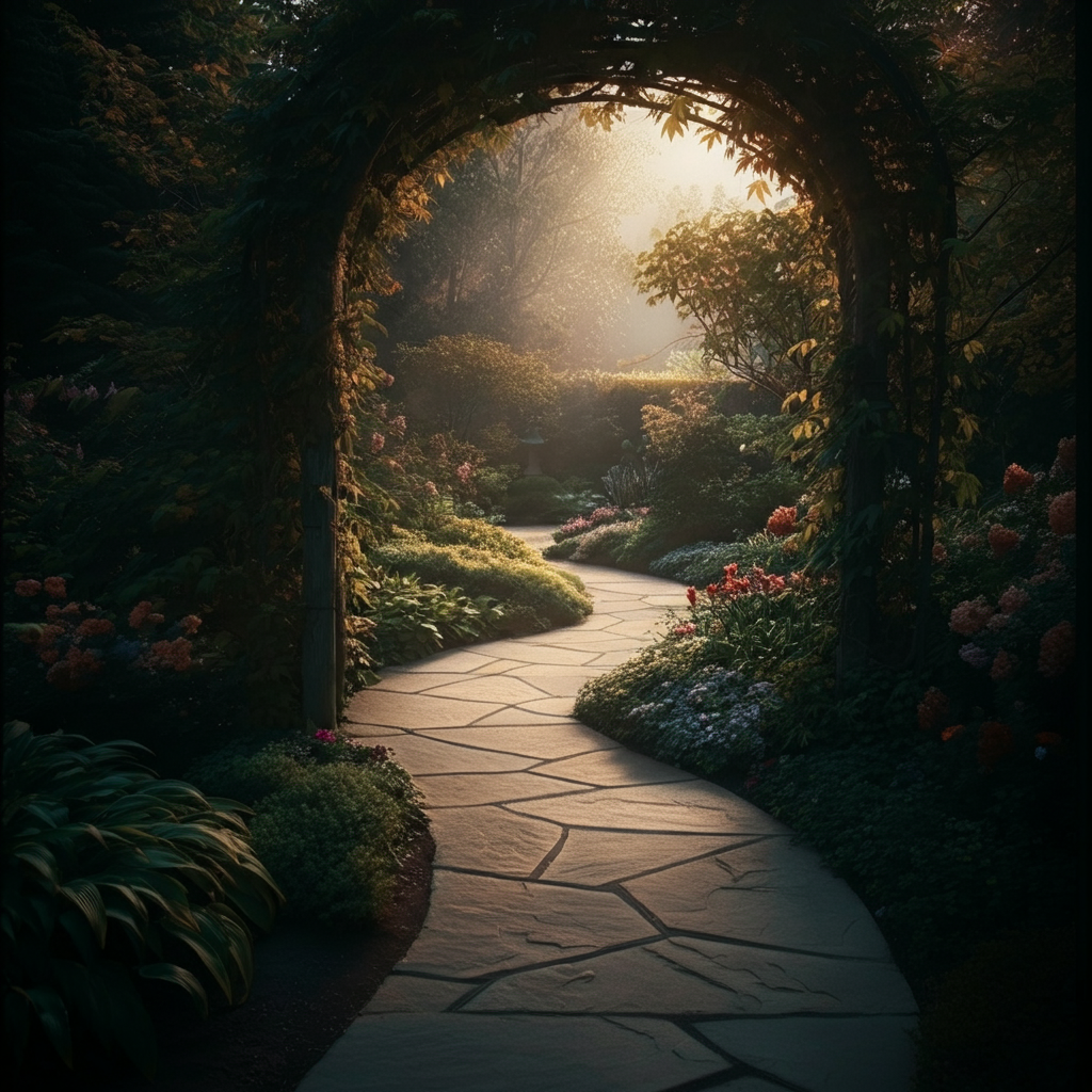 A gently curving stone pathway winds through a lush garden. Sunlight filters through the trees, creating dappled shadows on the path. The path is lined with flowering plants, adding pops of color to the scene.