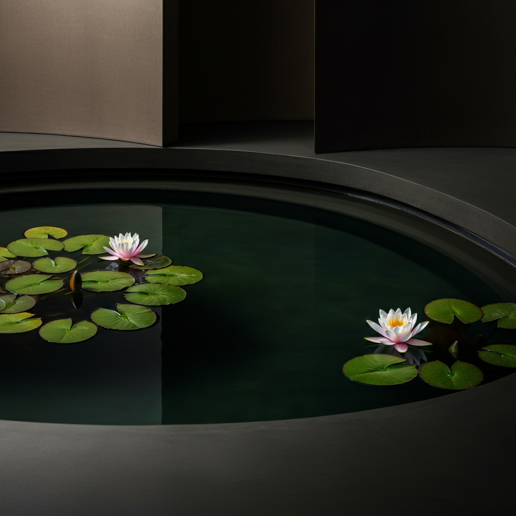 A small, circular pond with water lilies floating on the surface. A gentle breeze creates ripples on the water. Soft, natural light reflects off the water, creating a sense of tranquility.