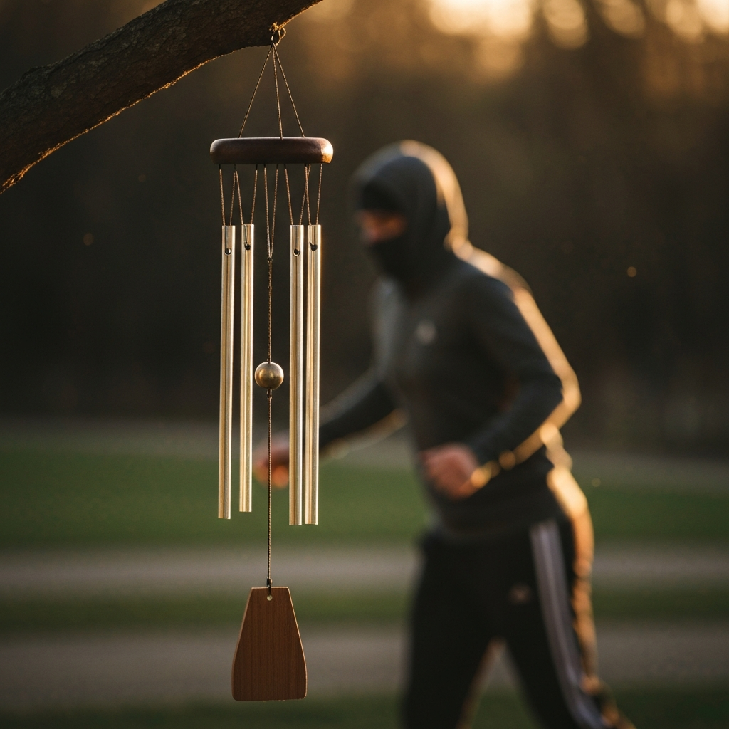 A set of metal wind chimes hanging from a tree branch. The background is blurred, focusing attention on the chimes. Sunlight catches the metal, creating a shimmering effect.