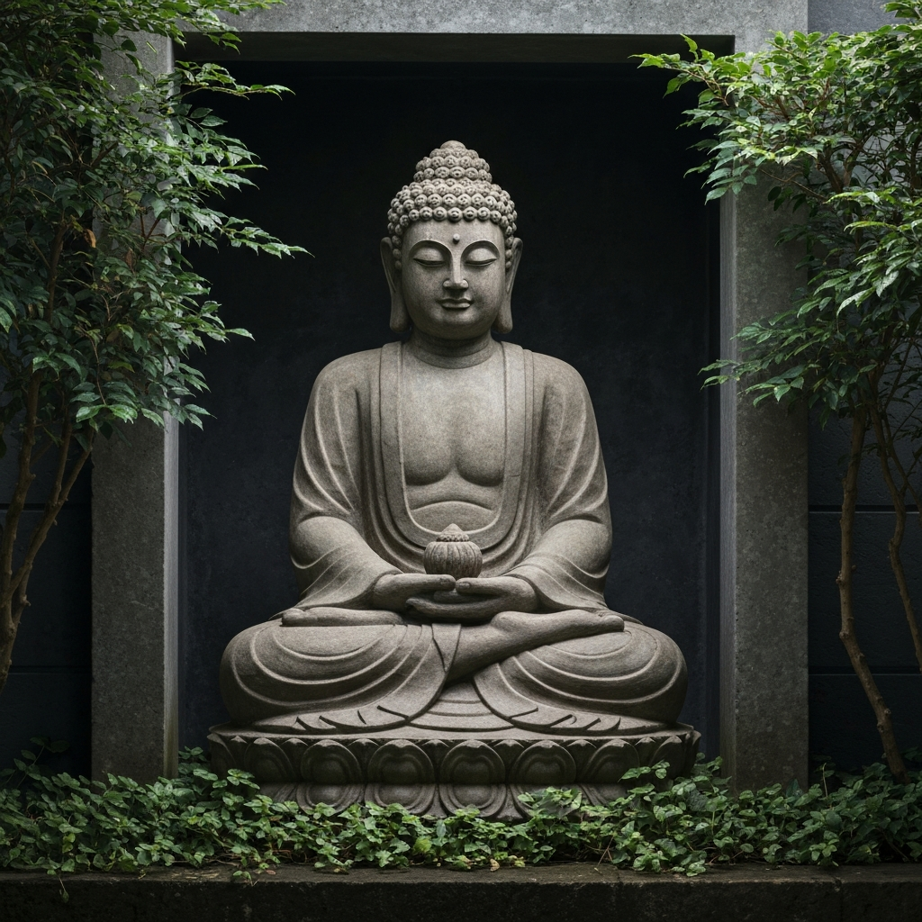A stone Buddha statue sits peacefully in a garden nook. Lush greenery surrounds the statue, creating a sense of serenity. Soft, diffused light illuminates the scene.