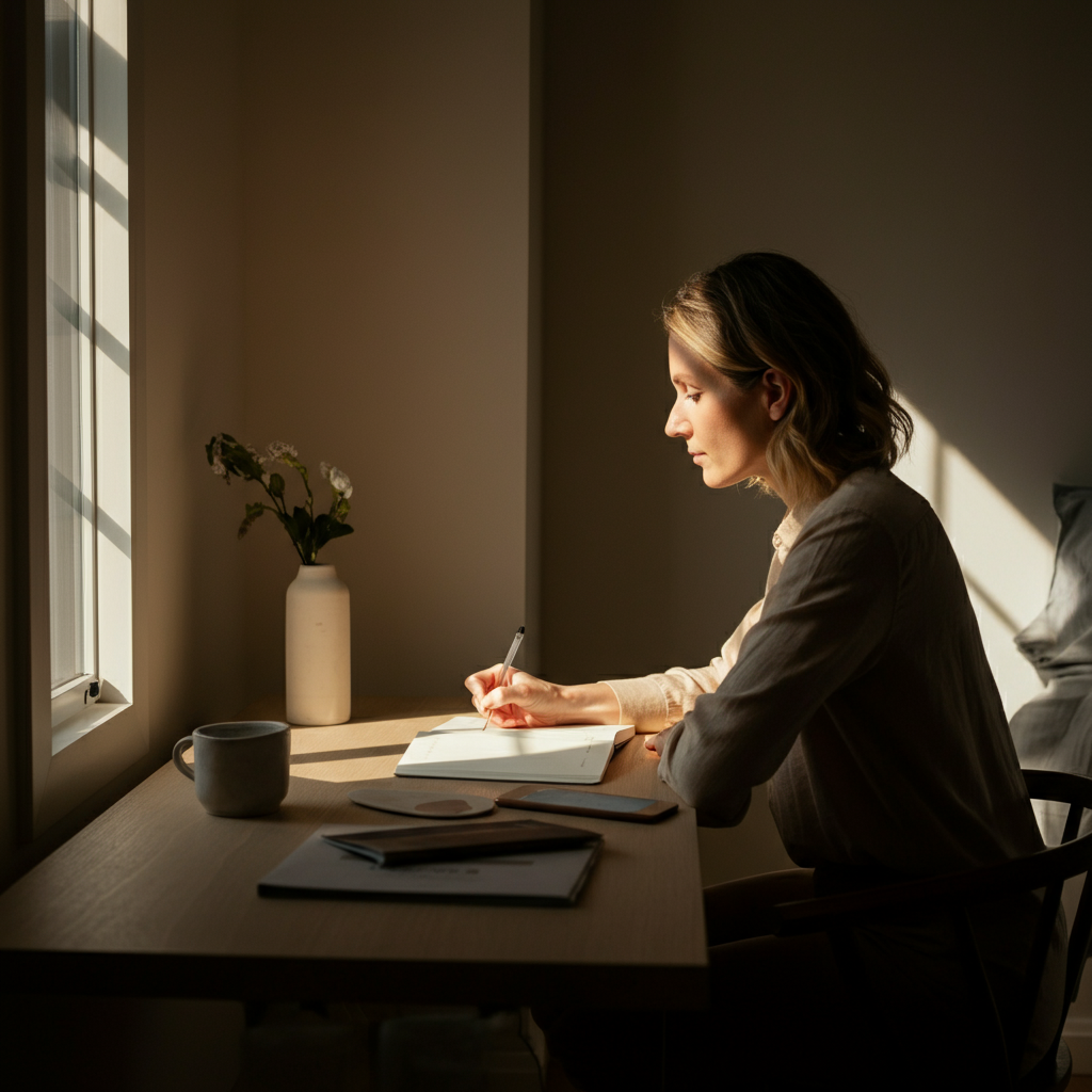 A brightly lit home office. A person sits at a desk, thoughtfully writing in a journal. Soft daylight filters in from a nearby window, illuminating the textured pages of the journal. Minimalist decor and a calming color palette create a serene atmosphere.