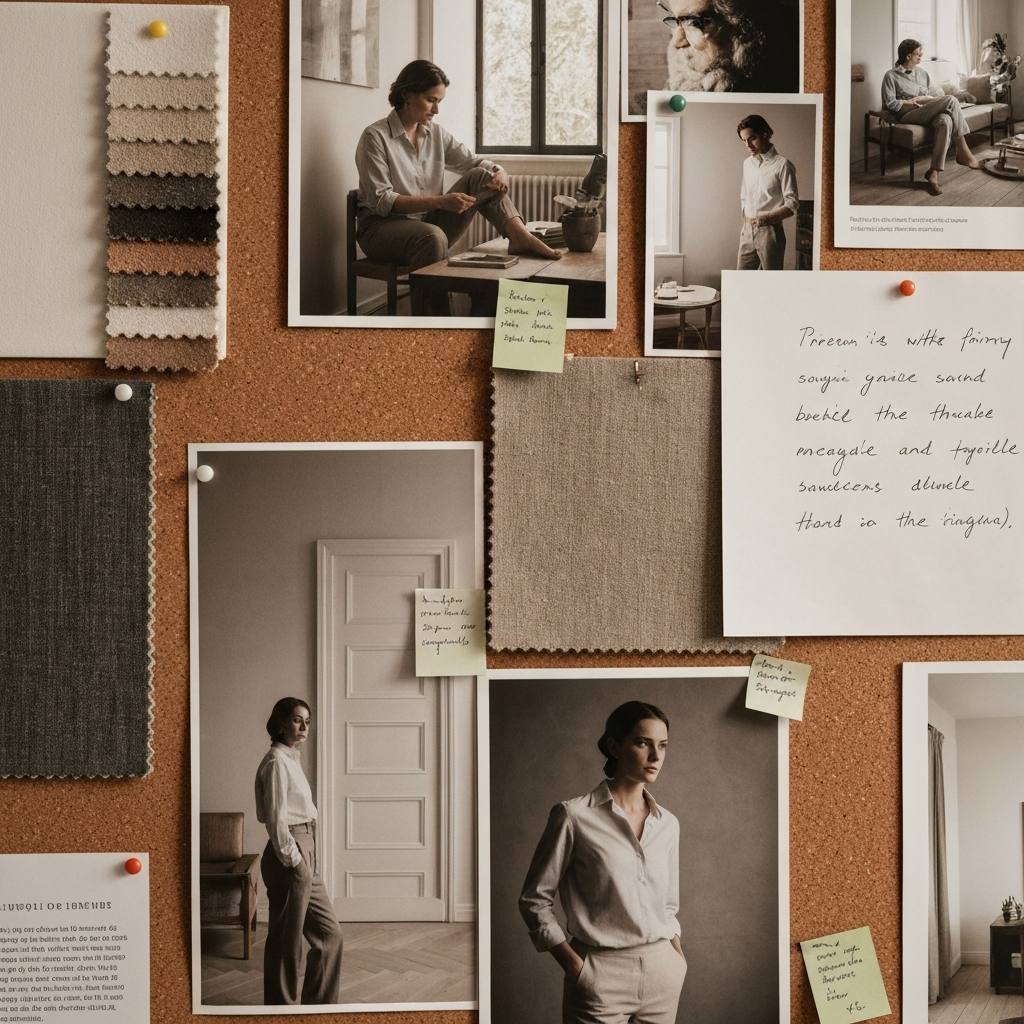 A close-up shot of a corkboard covered with magazine clippings, fabric swatches, and photographs. The lighting is warm and even, highlighting the textures and colors of the different elements. Pins and handwritten notes add a personal touch.