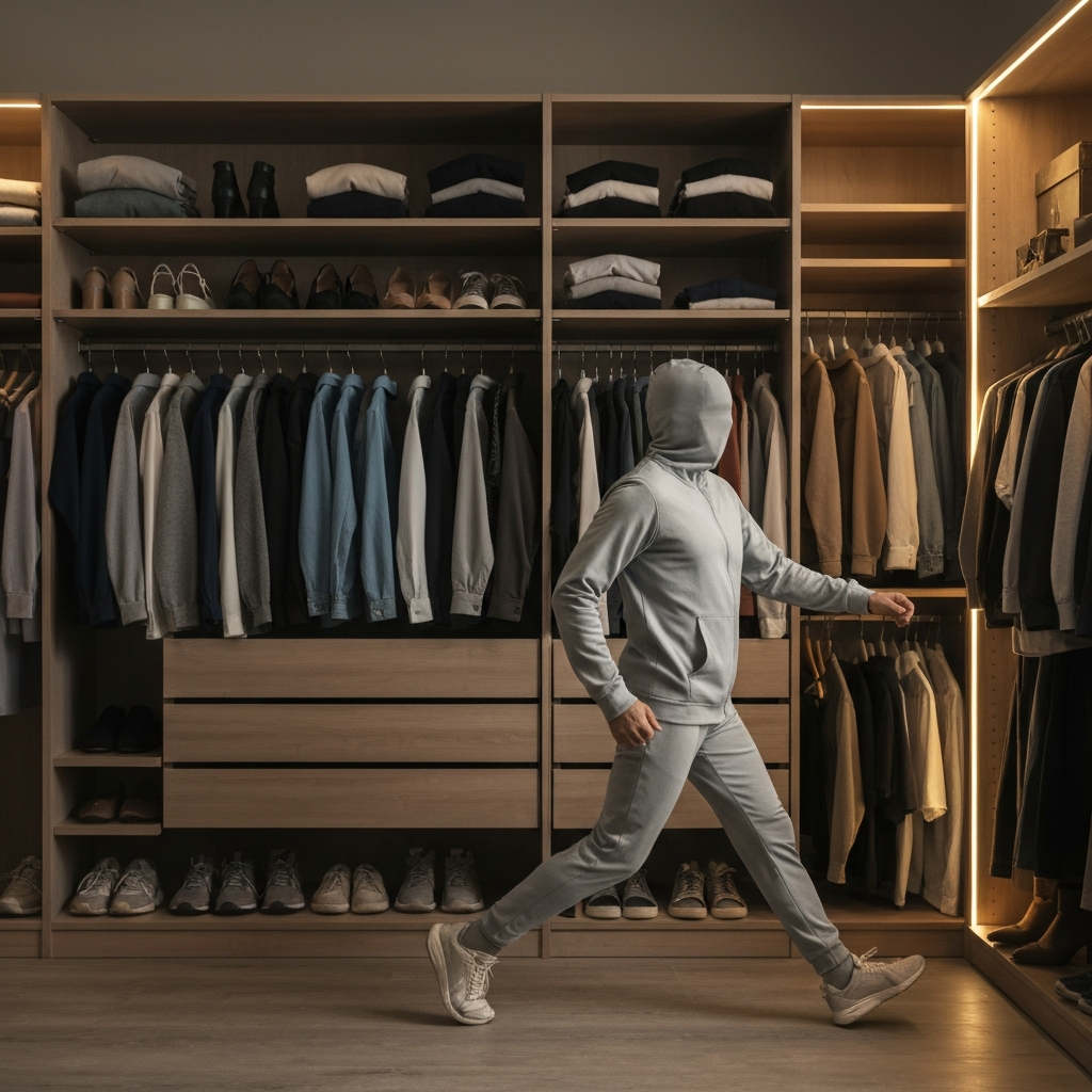 A neatly organized walk-in closet. Clothes are arranged by color and type, with shoes and accessories displayed on shelves. The lighting is soft and diffused, creating a sense of calm and order.