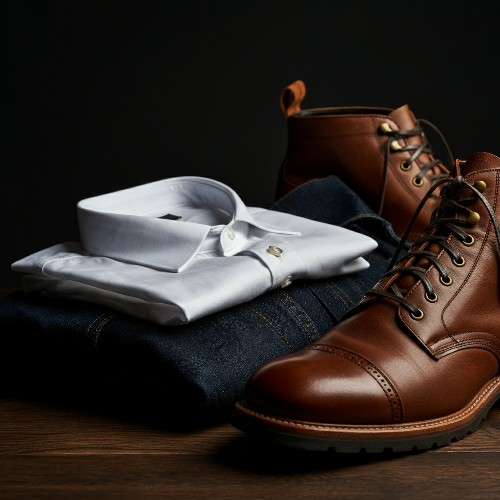 A close-up shot of a neatly folded white cotton shirt, a dark blue denim jacket, and a pair of brown leather boots arranged on a wooden surface. The lighting is natural and soft, highlighting the textures of the materials.