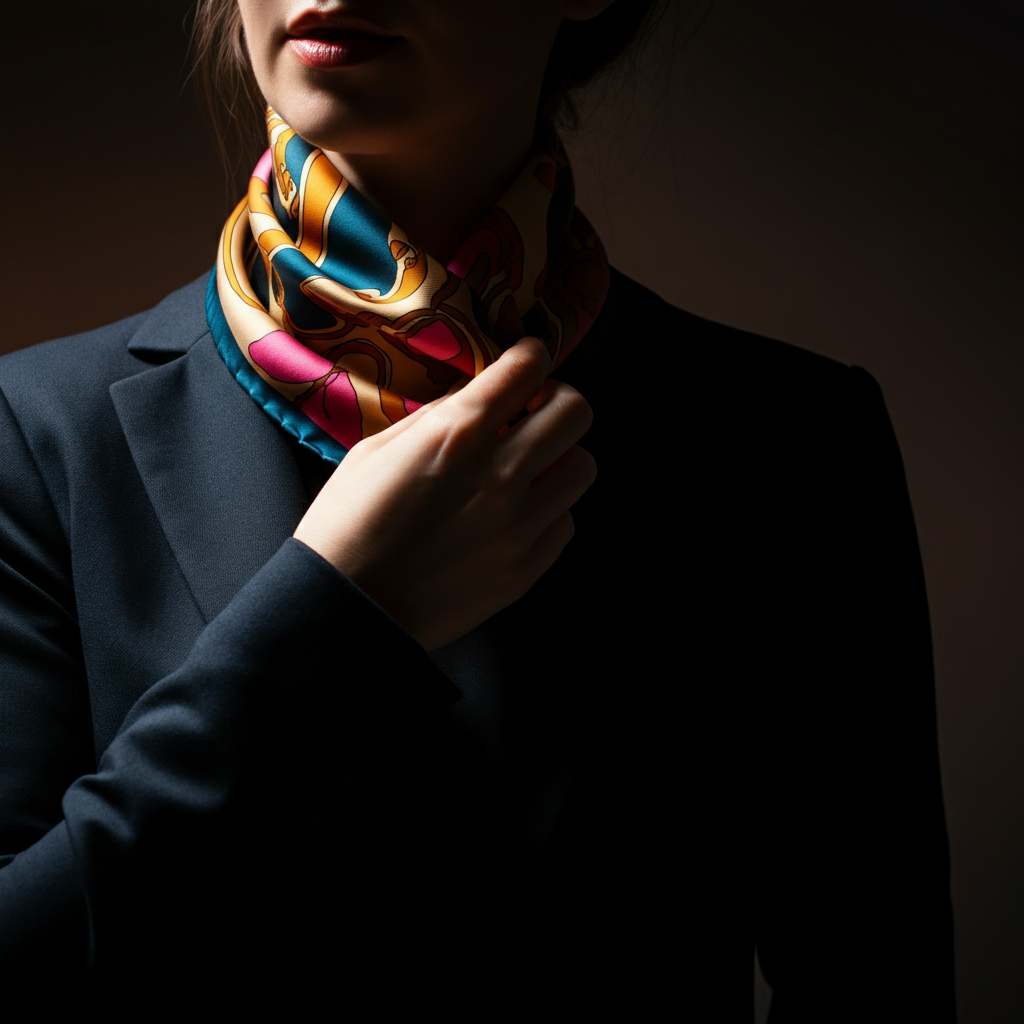 A close-up shot of a hand adjusting a brightly patterned silk scarf around the neck. Soft, warm lighting emphasizes the vibrant colors and delicate texture of the fabric.